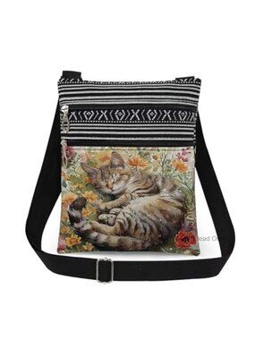 Cat Crossbody Bag Polyester Slumbering Tabby Kitten Floral Adjustable Strap